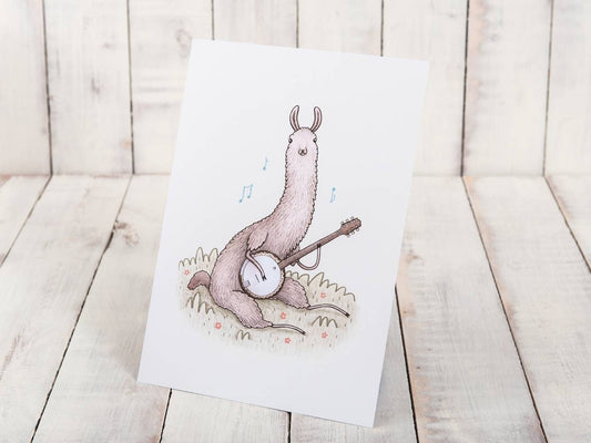 Llama Playing a Banjo A4 Signed Print