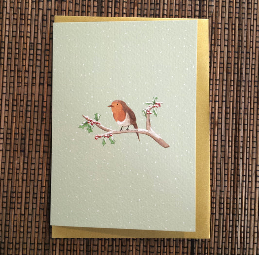 Robin on Branch Christmas Card