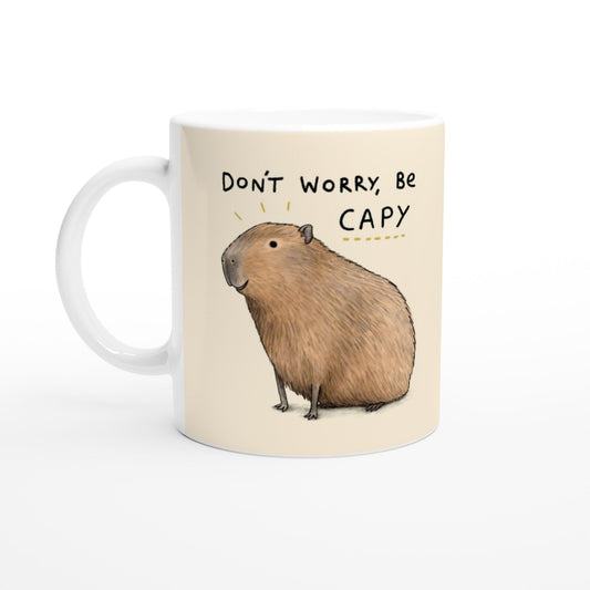 Capybara Ceramic Mug, 'Don't Worry Be Capy' Illustration, 11oz