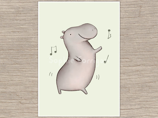 Cute Dancing Hippopotamus Signed Fine Art Print