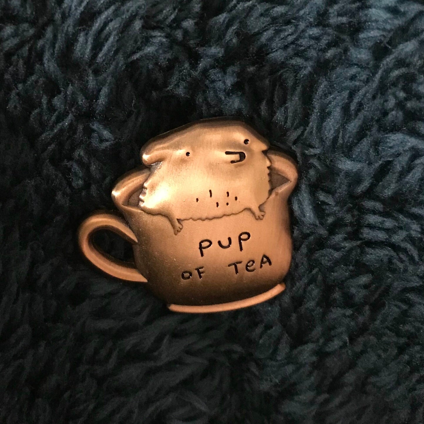 Pup of Tea 3D Die Cast Antique Gold Pin Badge