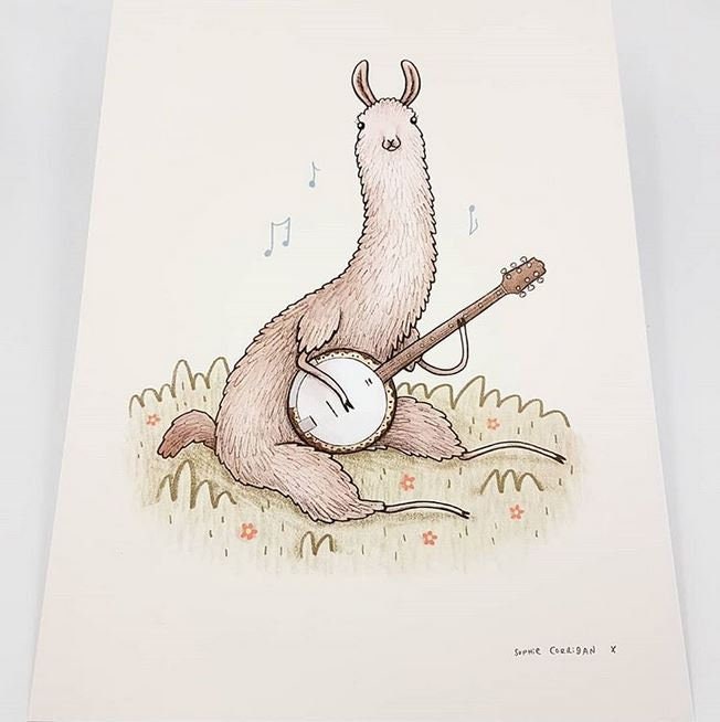 Llama Playing a Banjo A4 Signed Print