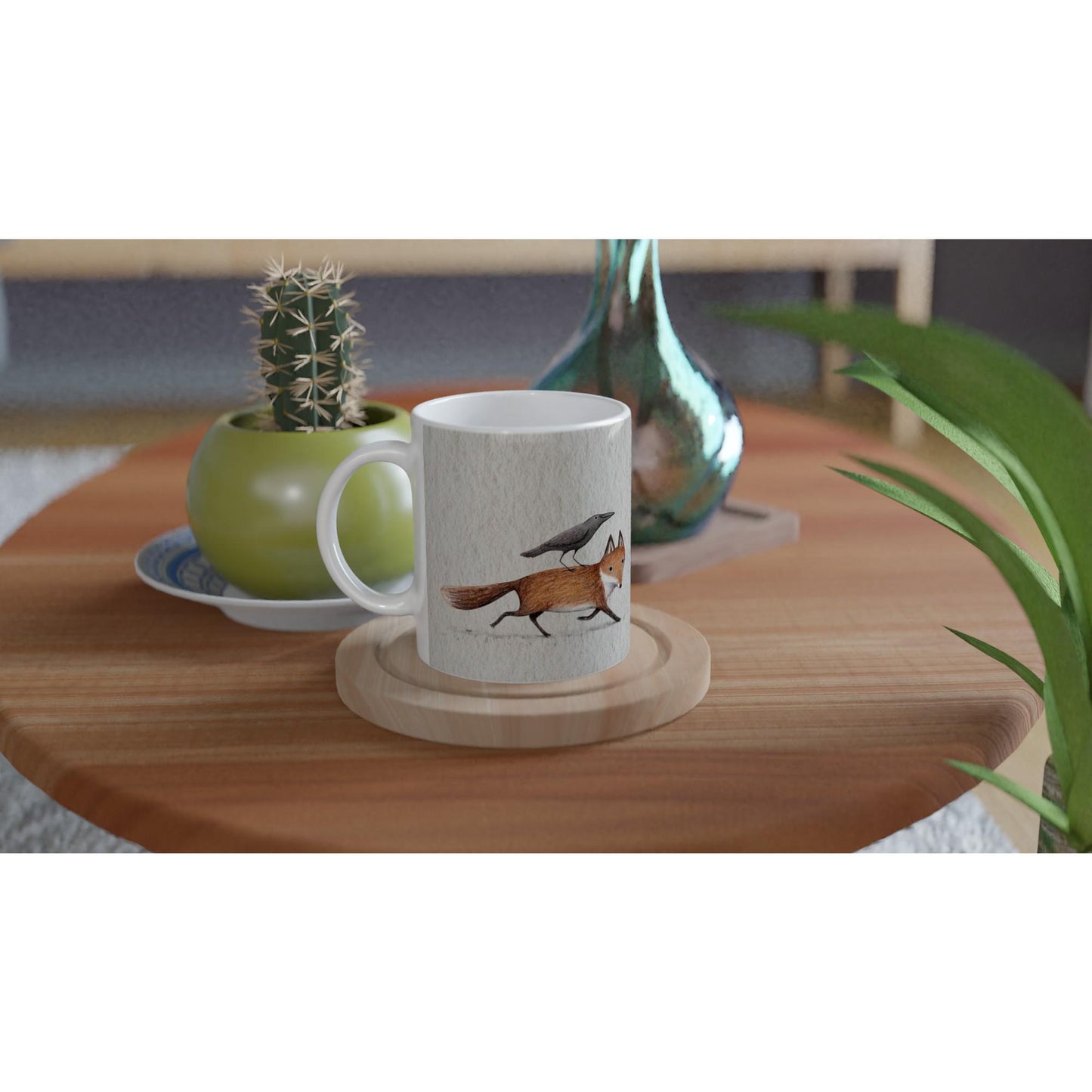 Fox and Crow Piggyback - White 11oz Ceramic Mug - Cute Animal Friends Raven Halloween Nature Wildlife