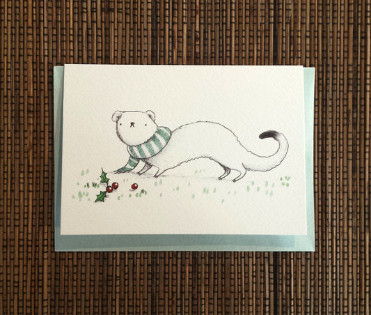 Ermine Wearing a Scarf White Winter Stoat Christmas Card