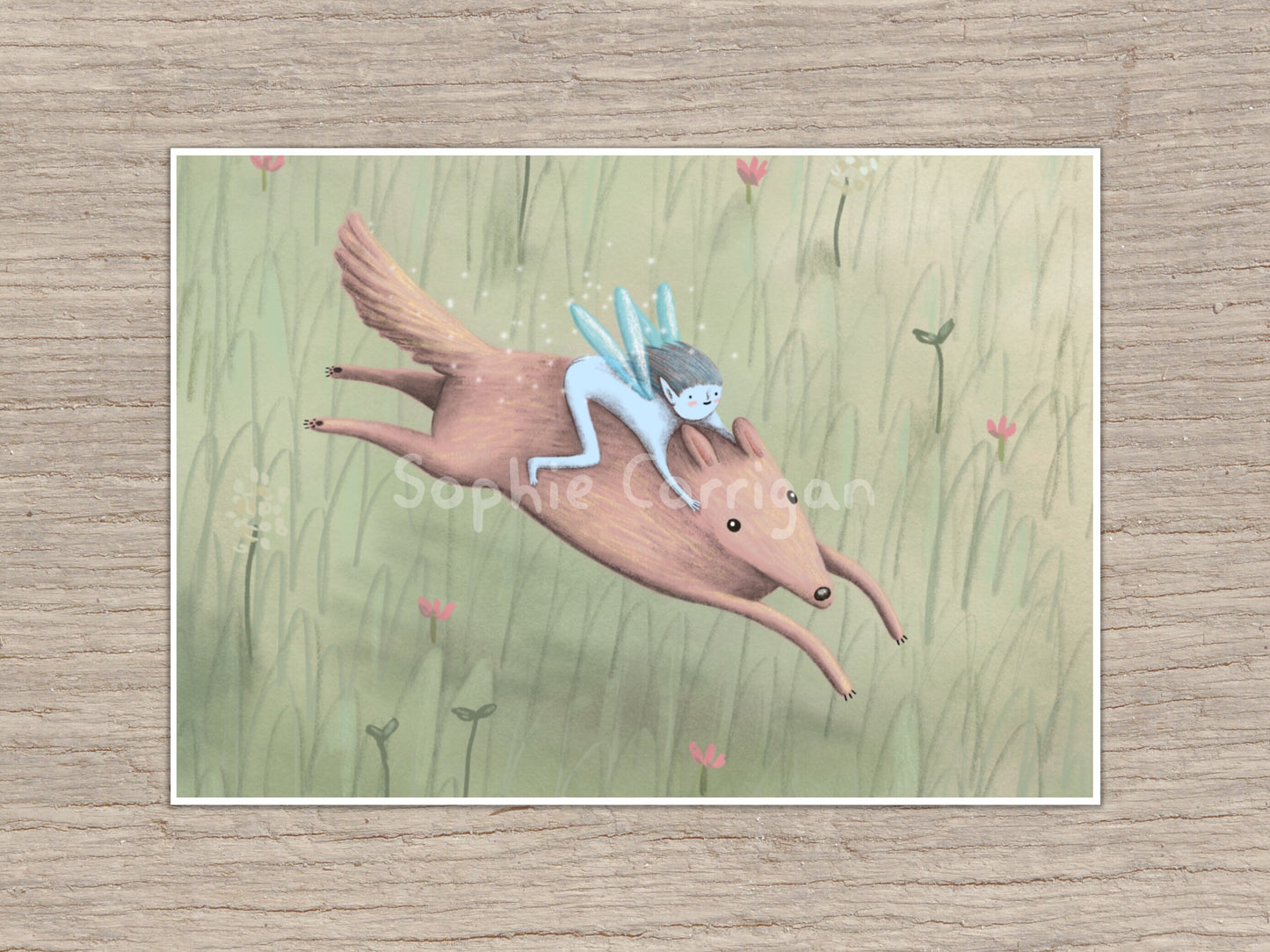 Blue Pixie Riding a Tiny Dog Signed Fine Art Print