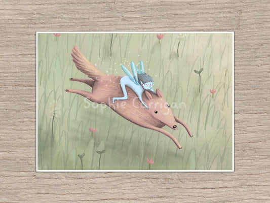 Blue Pixie Riding a Tiny Dog Signed Fine Art Print
