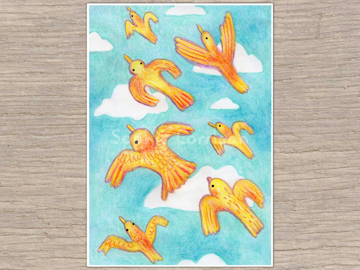 Golden Birds Flying Signed Art Print