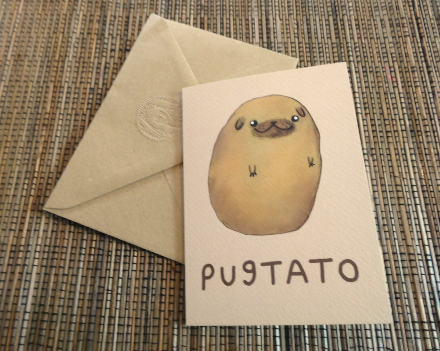 Pugtato Card: Original Pug Potato Illustration, A6 Gesso Card
