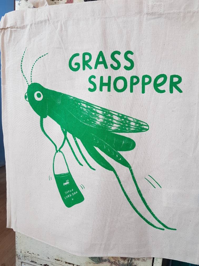 Grass Shopper Tote Bag: Hand Screen Printed Eco-Friendly Grasshopper Shopping Bag