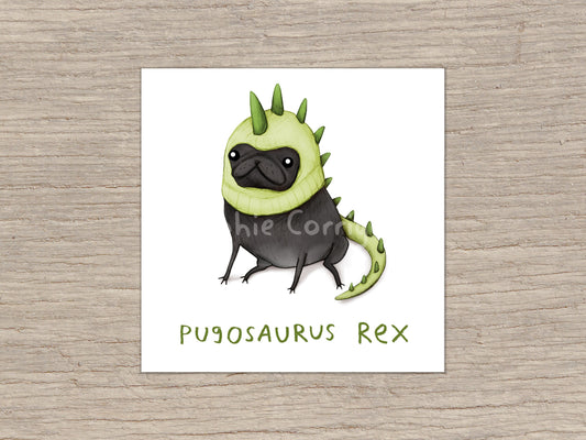 Pugosaurus Rex Black Pug Dinosaur Hat Signed Fine Art Print