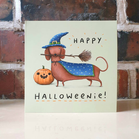Happy Halloweenie Card - Dachshund Witch Halloween Costume - Funny Sausage Dog Card - Weenie - Cute Illustration - Sophie Corrigan