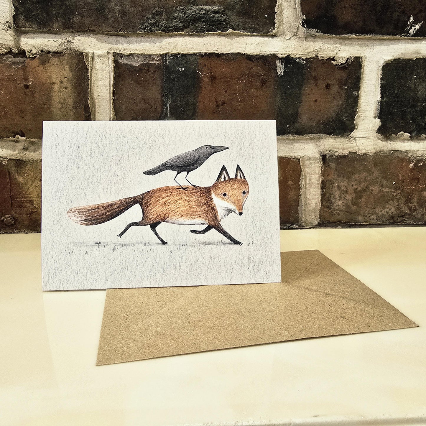 Fox and Crow; Piggyback - Cute Illustrated Bird Raven Greetings Card