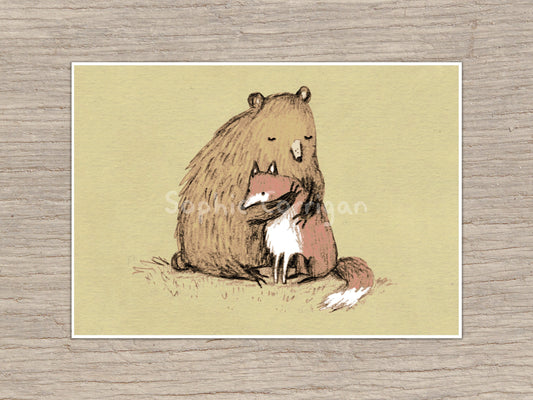 Grizzly Hugs Art Print: Bear and Fox Illustration, Signed Sophie Corrigan