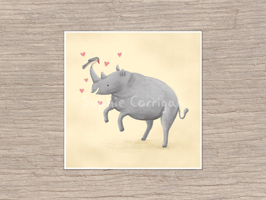 Rhino and Tickbird Signed Art Print - White Rhinoceros - Cute Valentine Animal Illustration - UK Worldwide Postage Sophie Corrigan