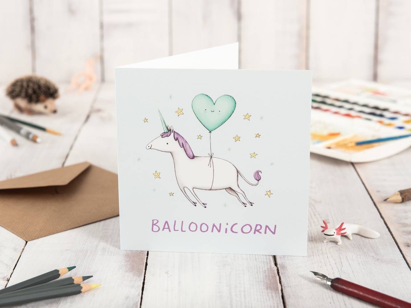 Balloonicorn Card: Unicorn Illustration, Heart Balloon