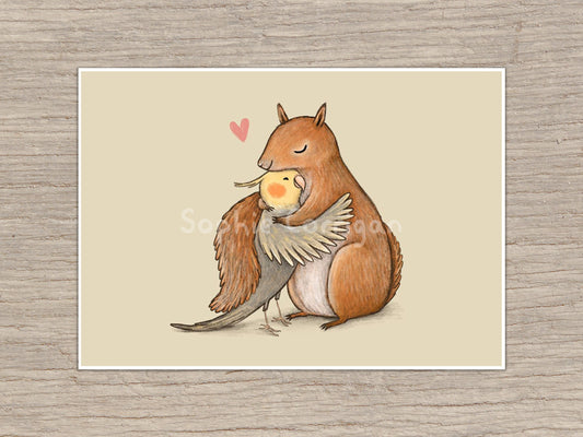 Cockatiel & Squirrel Signed Art Print
