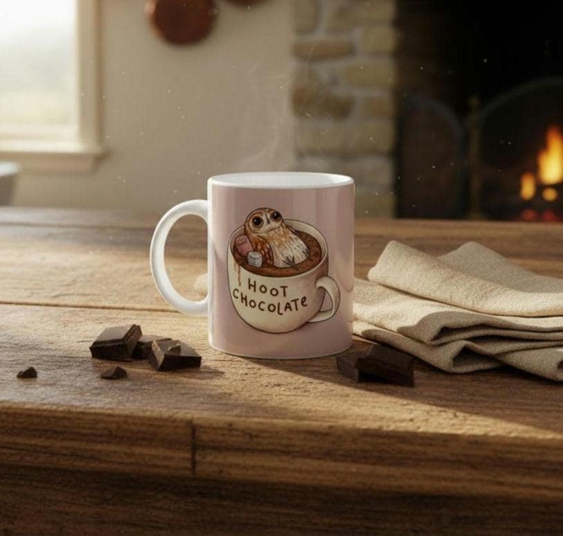 Hoot Chocolate 11oz Ceramic Mug - Cute Hot Chocolate Tawny Owl Bird