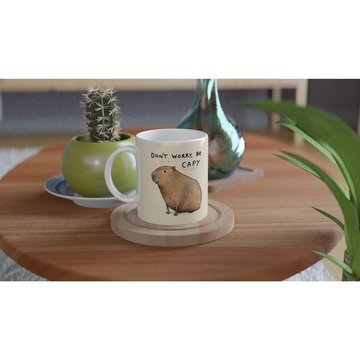 Capybara Ceramic Mug, 'Don't Worry Be Capy' Illustration, 11oz