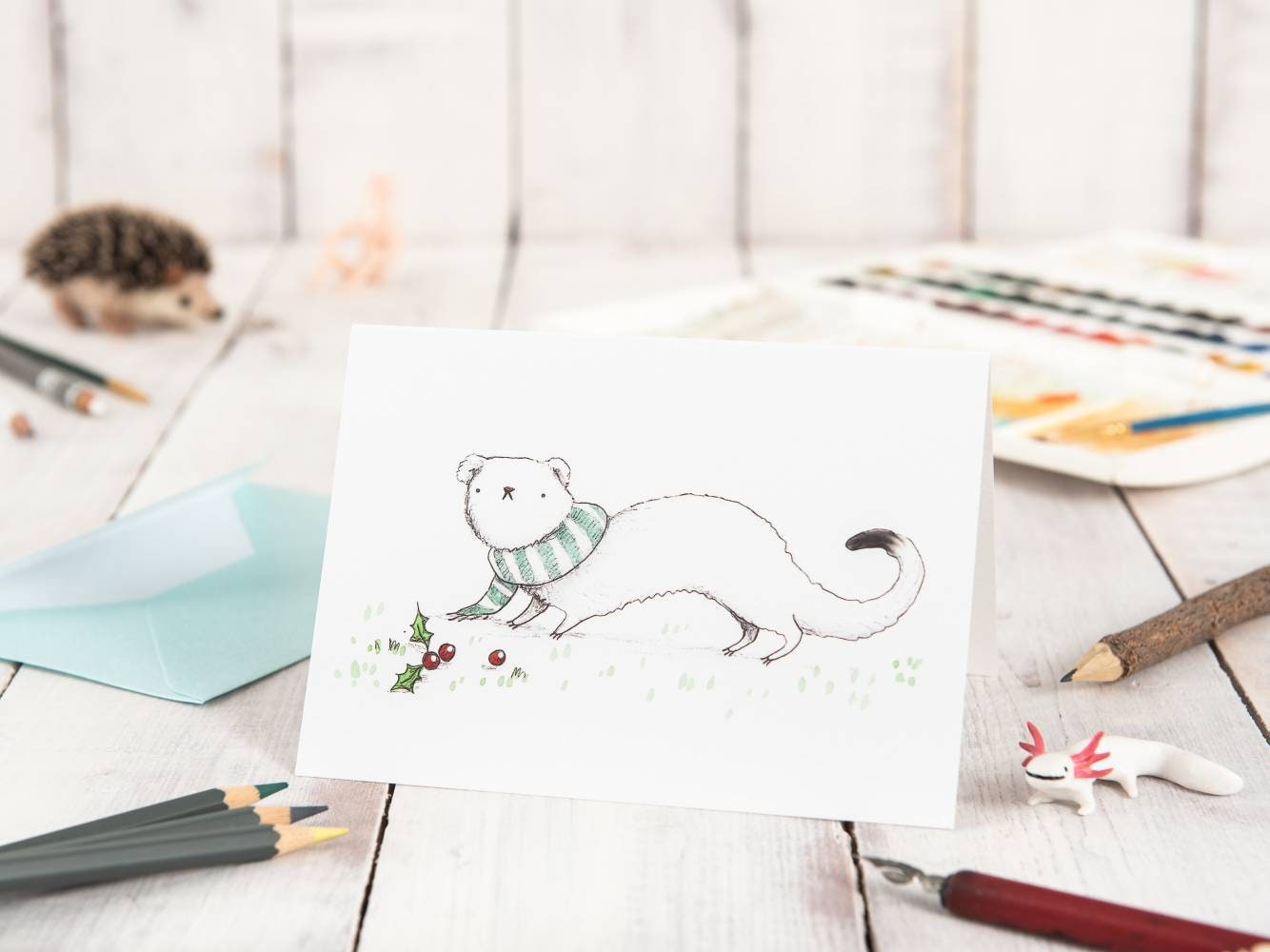Ermine Wearing a Scarf White Winter Stoat Christmas Card