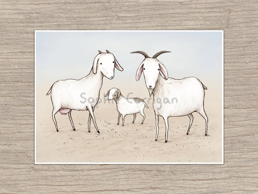 Goat Family Art Print: Signed Illustration, Farmhouse Decor