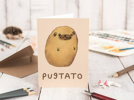 Pugtato Card: Original Pug Potato Illustration, A6 Gesso Card