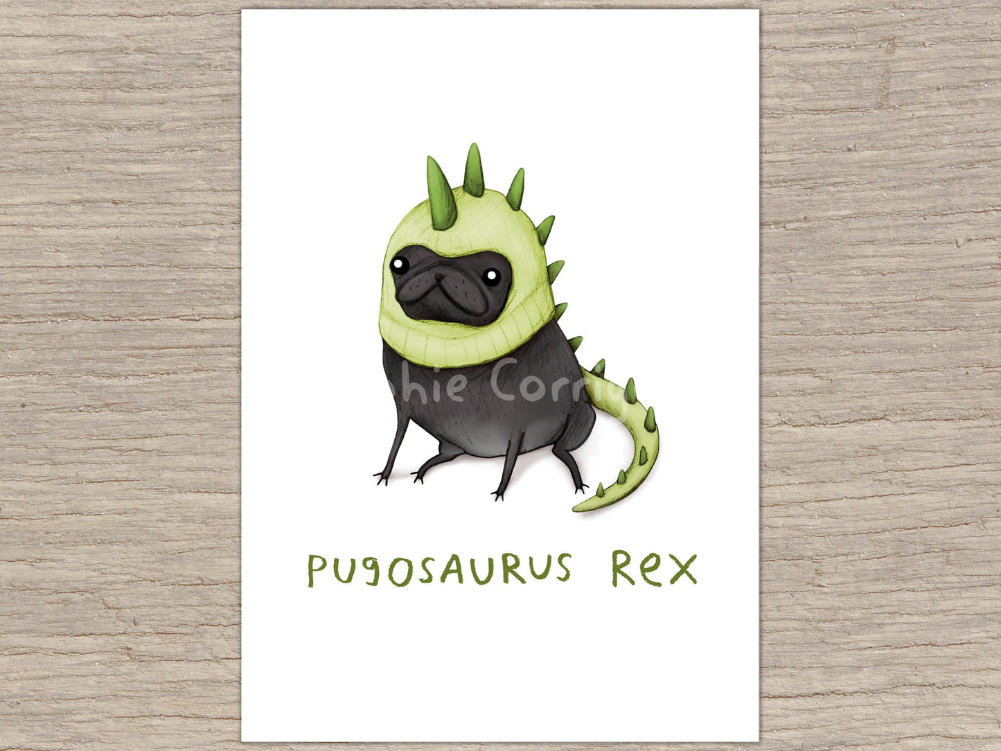 Pugosaurus Rex Black Pug Dinosaur Hat Signed Fine Art Print