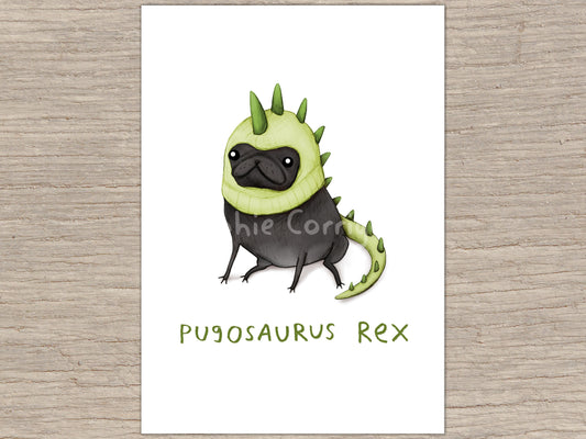 Pugosaurus Rex Black Pug Dinosaur Hat Signed Fine Art Print