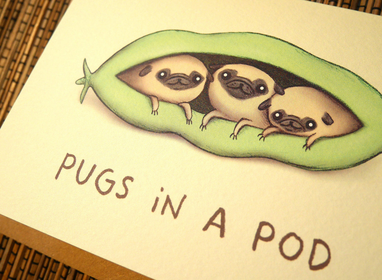 Pugs in a Pod Card – Triplets Puppy Illustration, Blank Inside