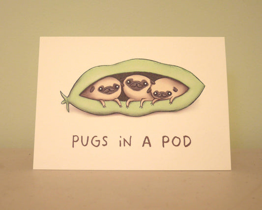 Pugs in a Pod Card – Triplets Puppy Illustration, Blank Inside