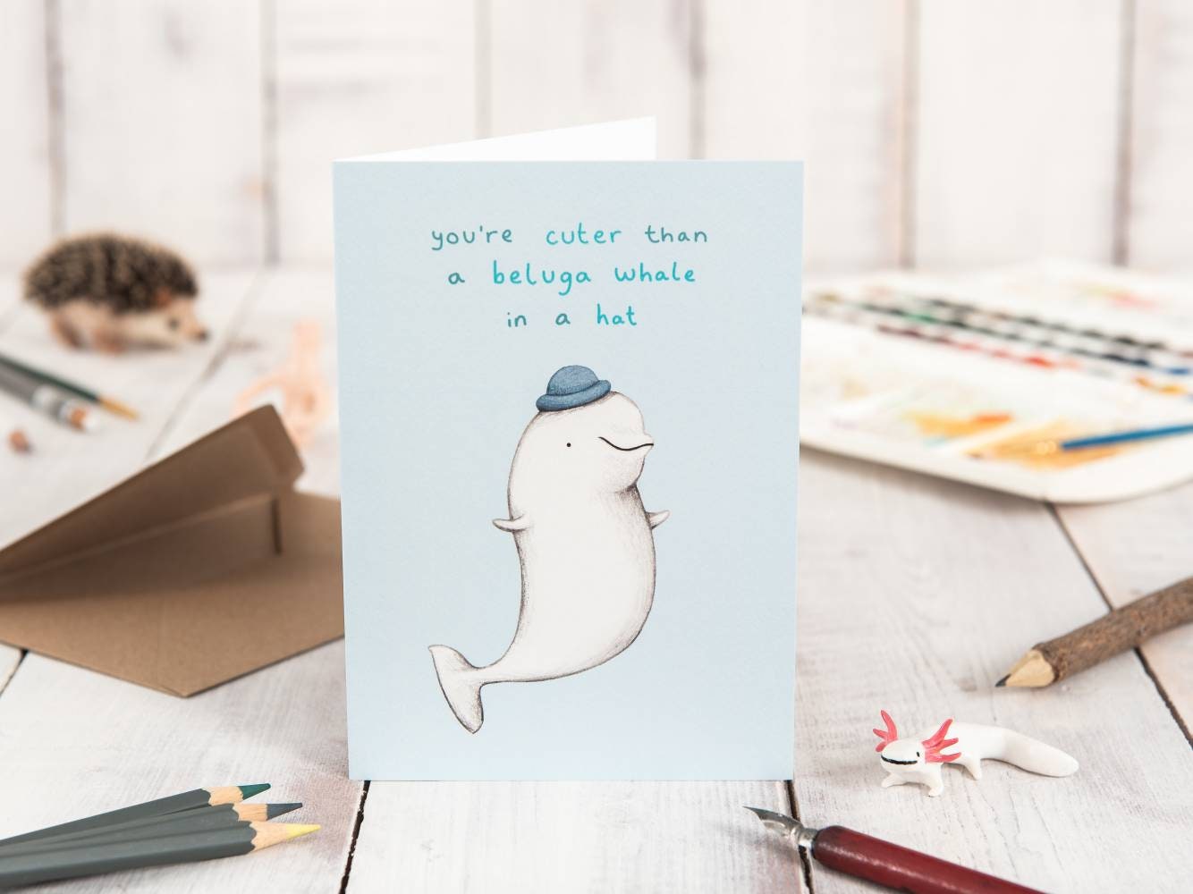 Beluga Whale Valentines Card: Illustration, A6 Gesso Paper