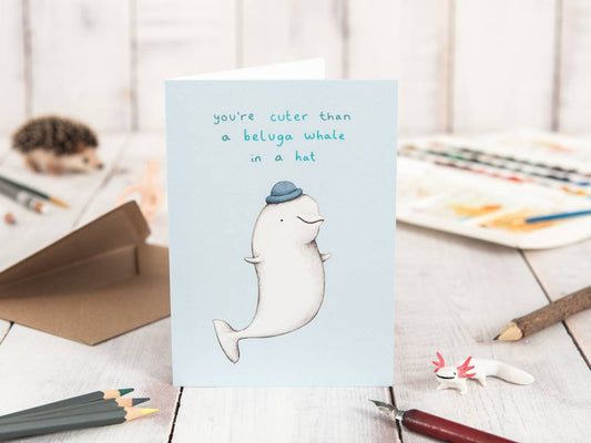Beluga Whale Valentines Card: Illustration, A6 Gesso Paper
