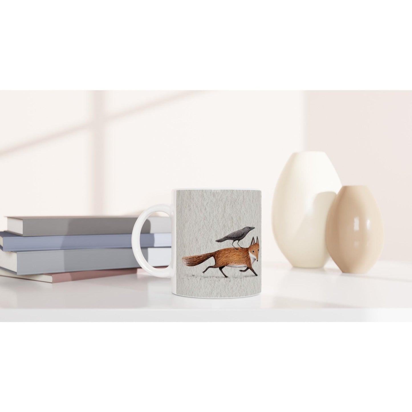 Fox and Crow Piggyback - White 11oz Ceramic Mug - Cute Animal Friends Raven Halloween Nature Wildlife
