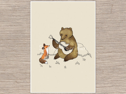 Bear & Fox Art Print: Left-Handed Guitarist Animal Illustration