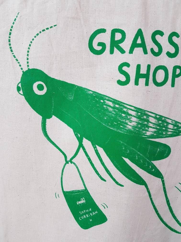 Grass Shopper Tote Bag: Hand Screen Printed Eco-Friendly Grasshopper Shopping Bag
