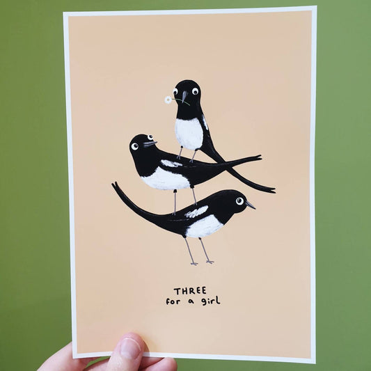 Three For a Girl Magpie Rhyme Signed Fine Art Print - New Baby Nursery Gift