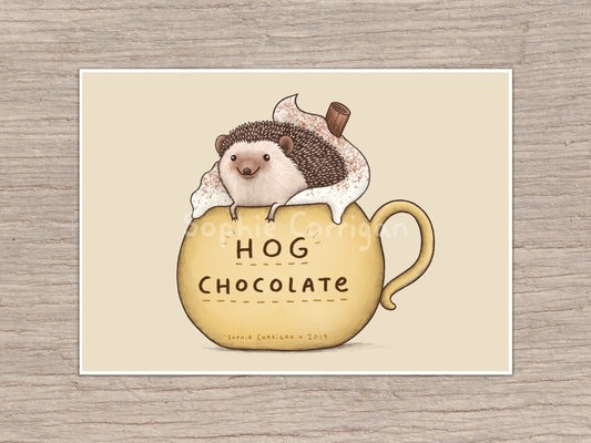 Hog Chocolate Signed Art Print - Hot Choccy Hedgehog Decor Gifts Cute Funny Tenrec Pun Illustration UK Worldwide Postage Sophie Corrigan