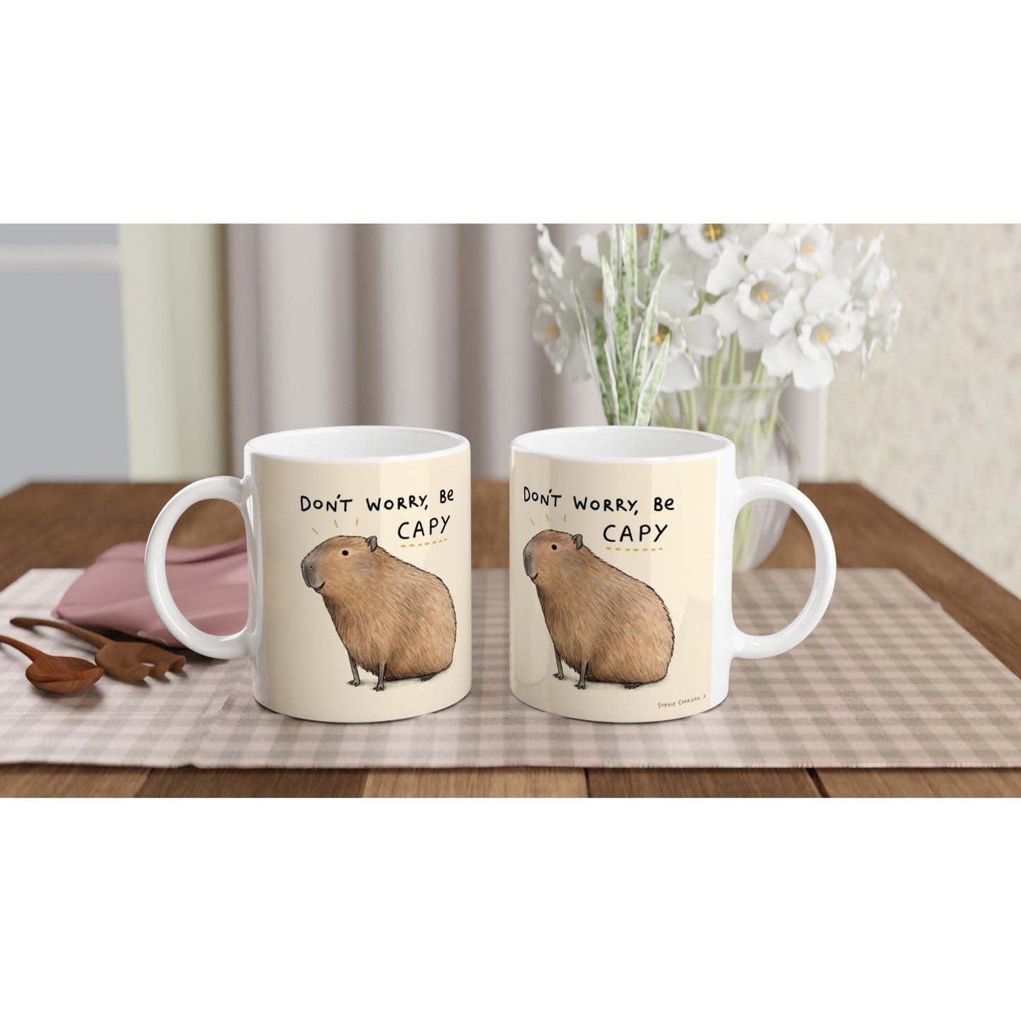Capybara Ceramic Mug, 'Don't Worry Be Capy' Illustration, 11oz