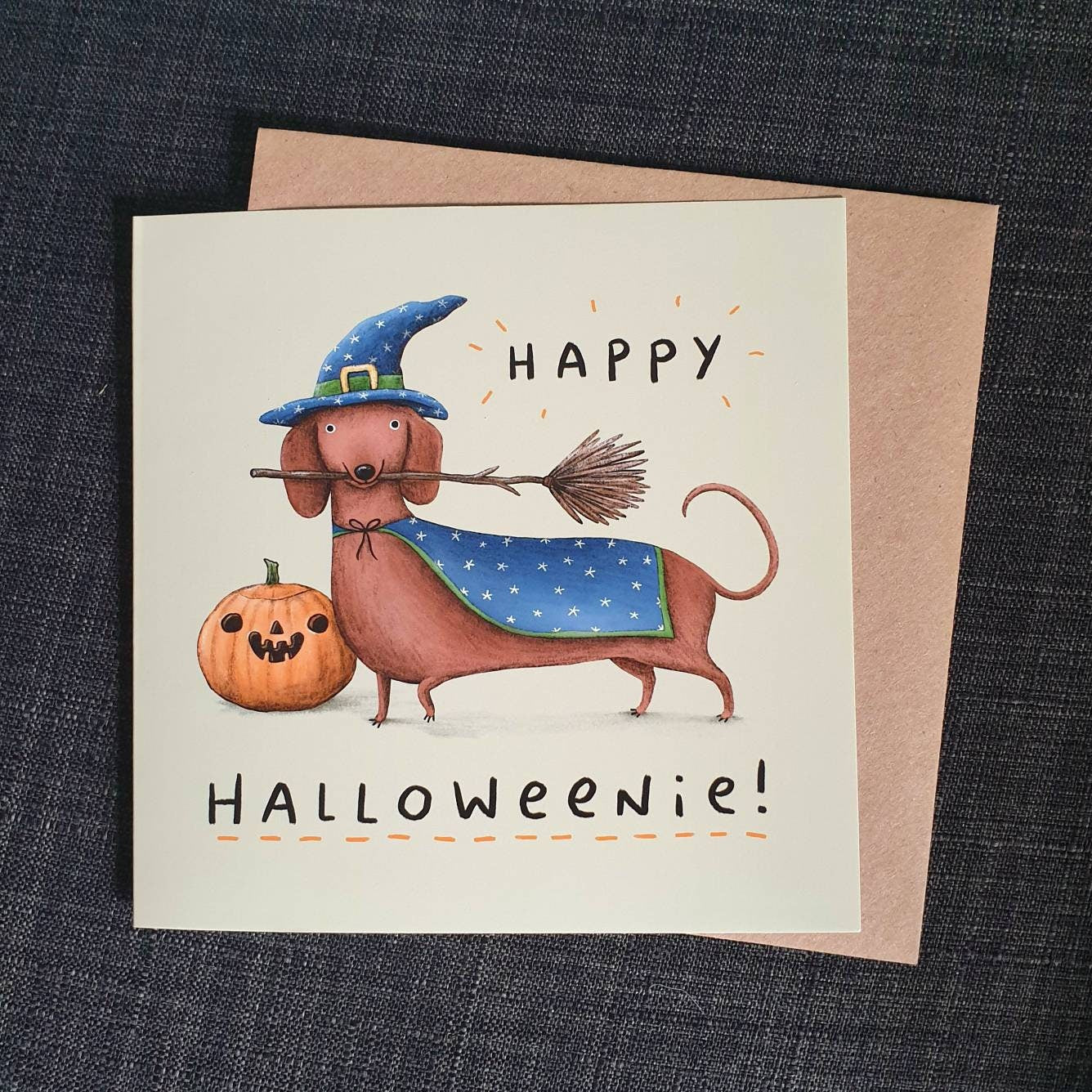 Happy Halloweenie Card - Dachshund Witch Halloween Costume - Funny Sausage Dog Card - Weenie - Cute Illustration - Sophie Corrigan