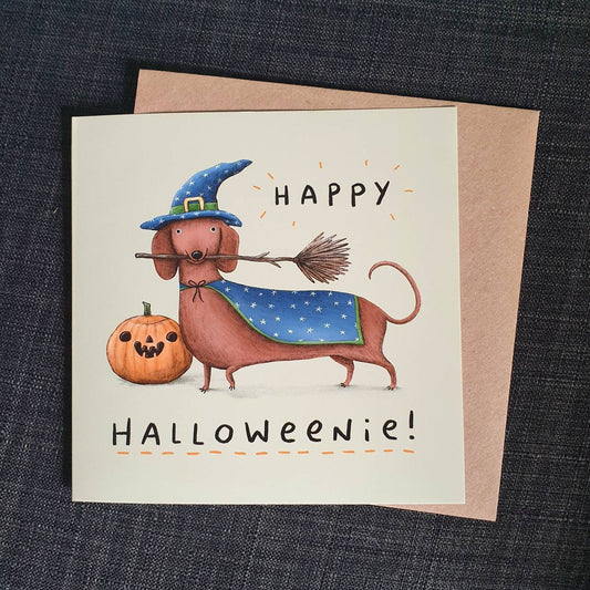 Happy Halloweenie Card - Dachshund Witch Halloween Costume - Funny Sausage Dog Card - Weenie - Cute Illustration - Sophie Corrigan