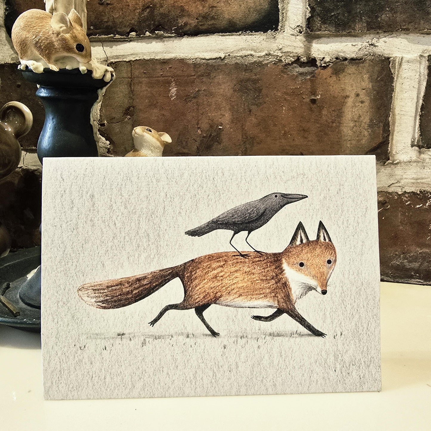 Fox and Crow; Piggyback - Cute Illustrated Bird Raven Greetings Card