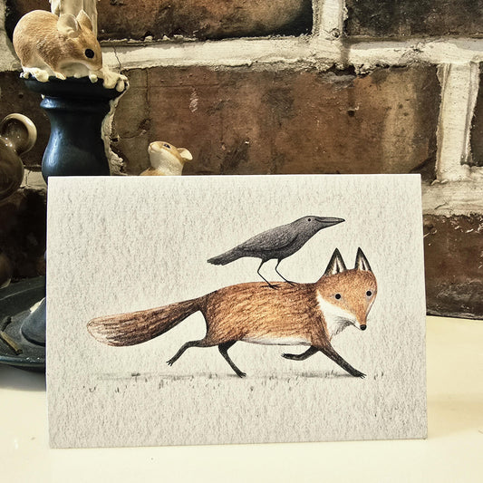 Fox and Crow; Piggyback - Cute Illustrated Bird Raven Greetings Card