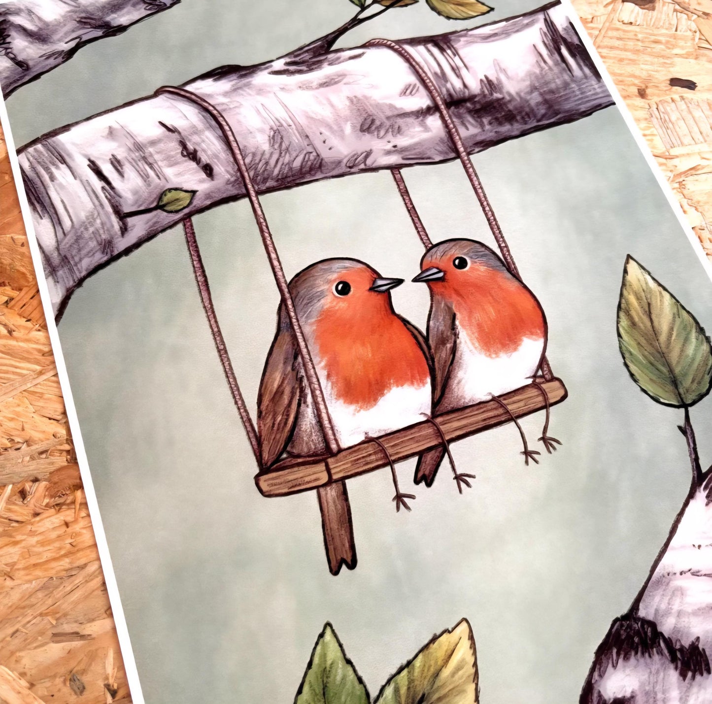 Robins on a Swing - Birds Illustration Signed Fine Art Print