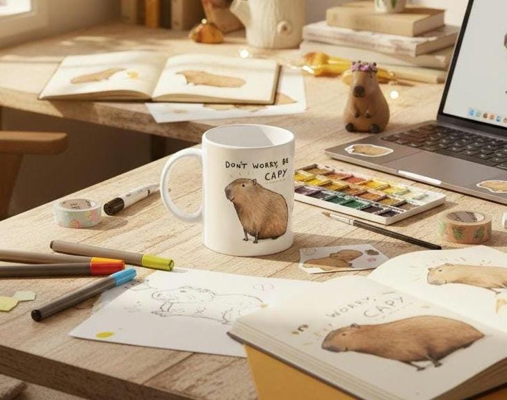 Capybara Ceramic Mug, 'Don't Worry Be Capy' Illustration, 11oz