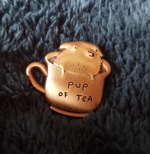 Pup of Tea 3D Die Cast Antique Gold Pin Badge
