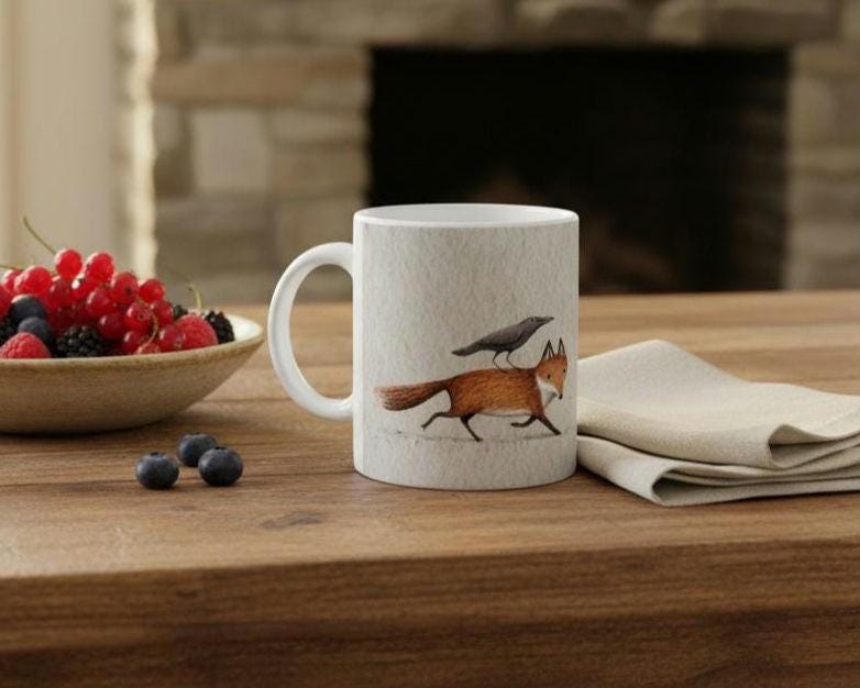Fox and Crow Piggyback - White 11oz Ceramic Mug - Cute Animal Friends Raven Halloween Nature Wildlife