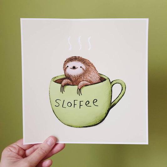 Sloffee Art Print: Sloth Coffee Pun Illustration, Signed Sophie Corrigan