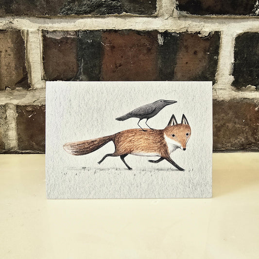 Fox and Crow; Piggyback - Cute Illustrated Bird Raven Greetings Card