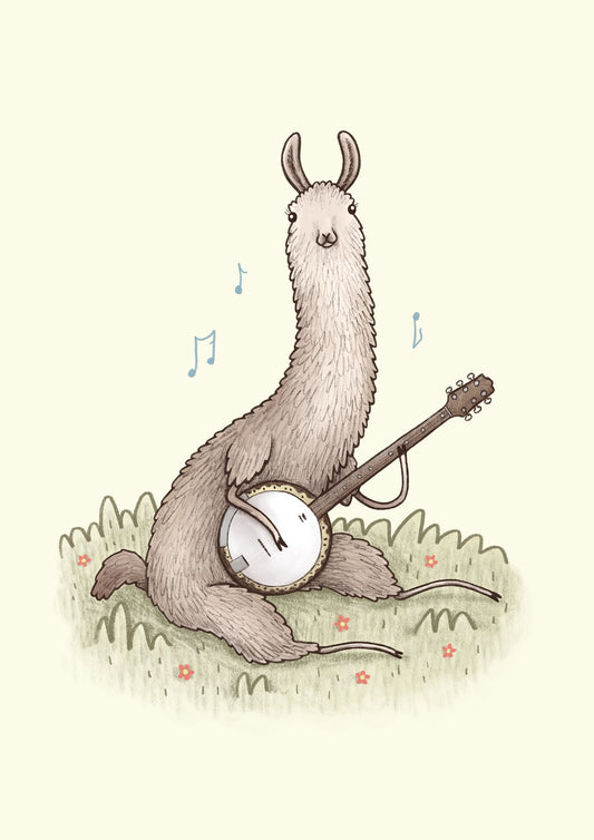 Llama Playing a Banjo A4 Signed Print