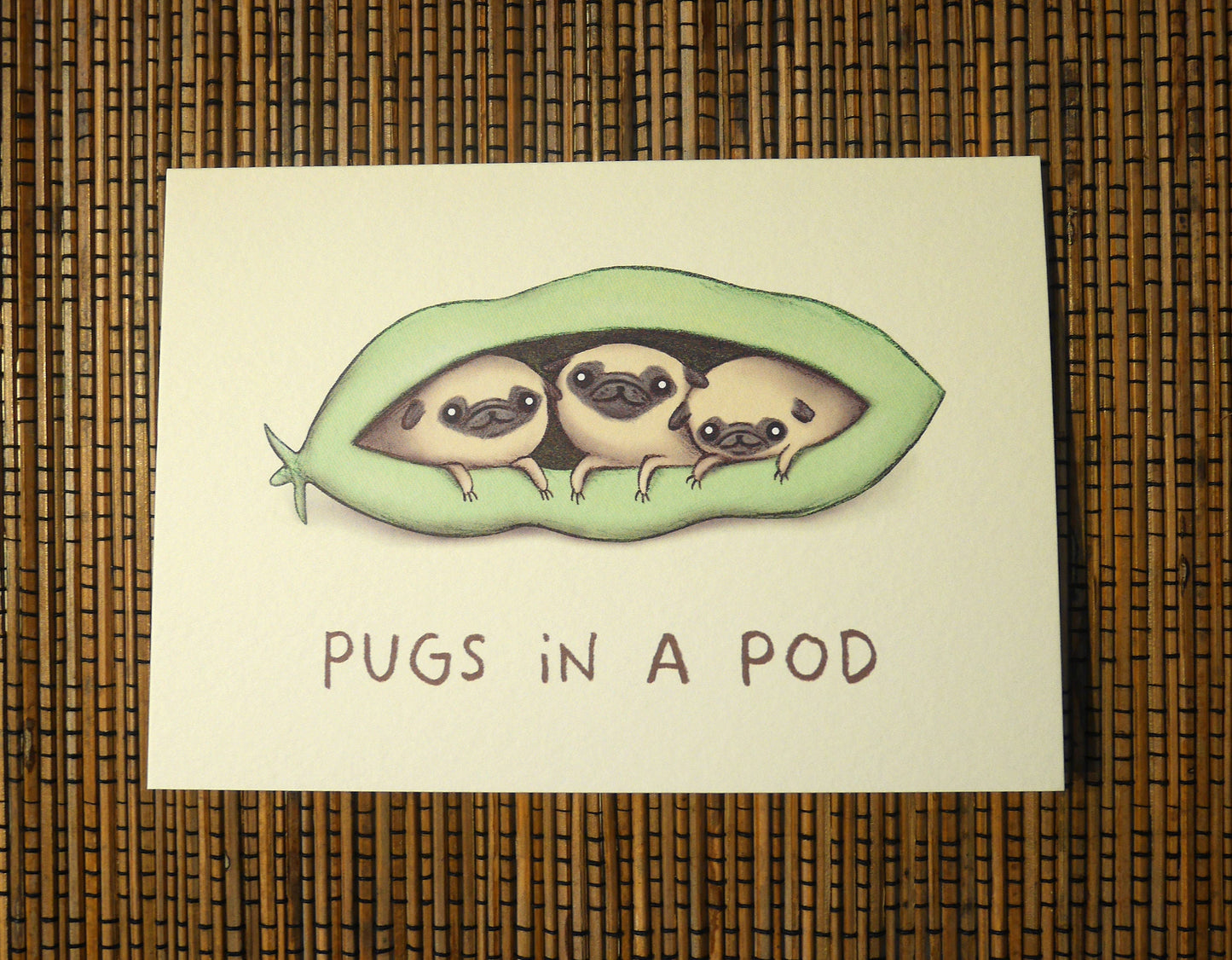 Pugs in a Pod Card – Triplets Puppy Illustration, Blank Inside