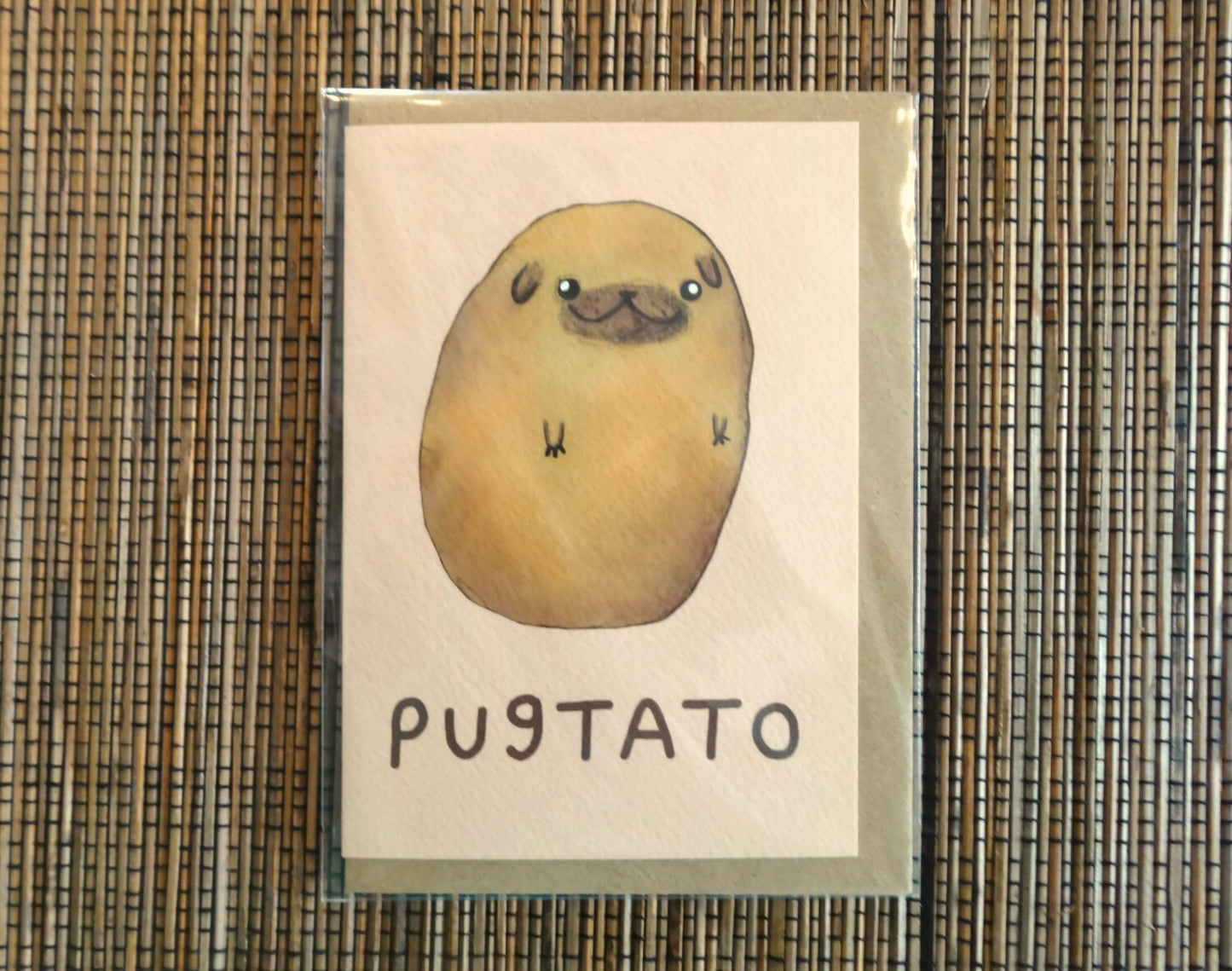 Pugtato Card: Original Pug Potato Illustration, A6 Gesso Card